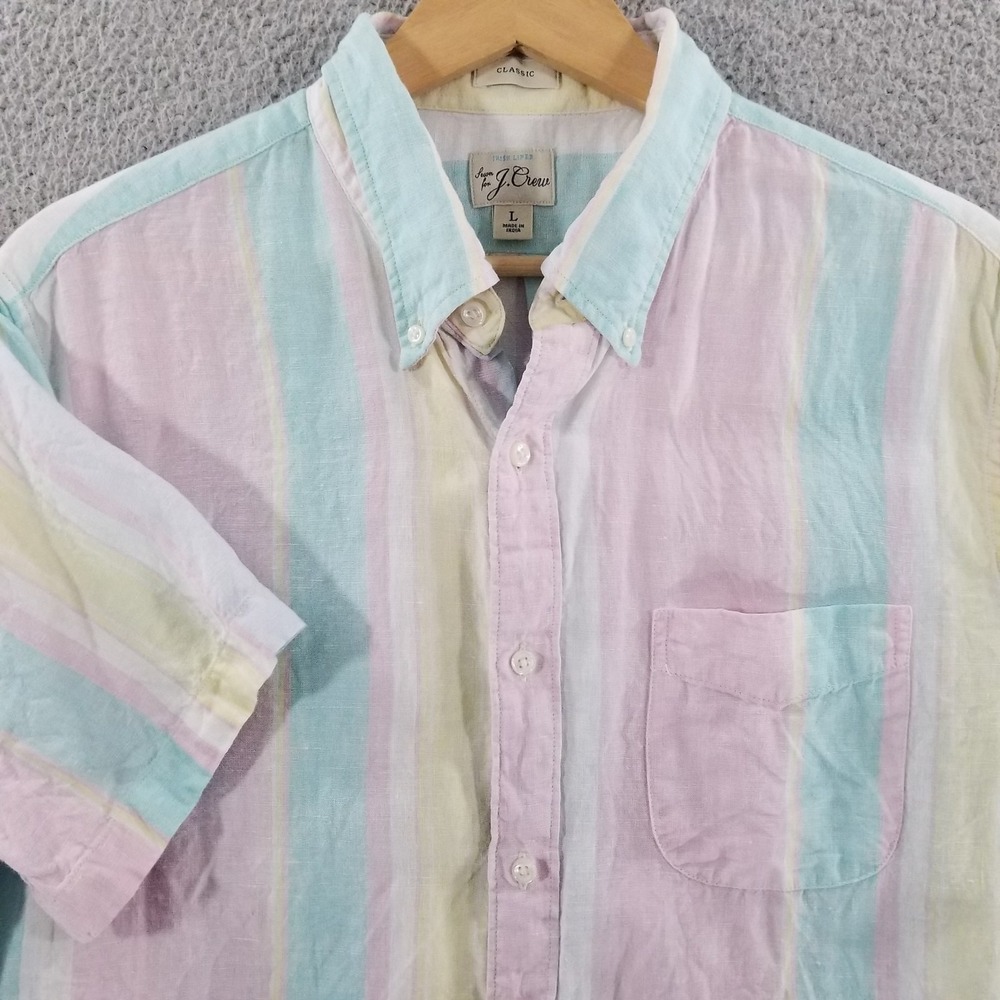 J Crew Shirt Mens Large Pink Baird McNutt Irish Linen Pastel Striped Classic